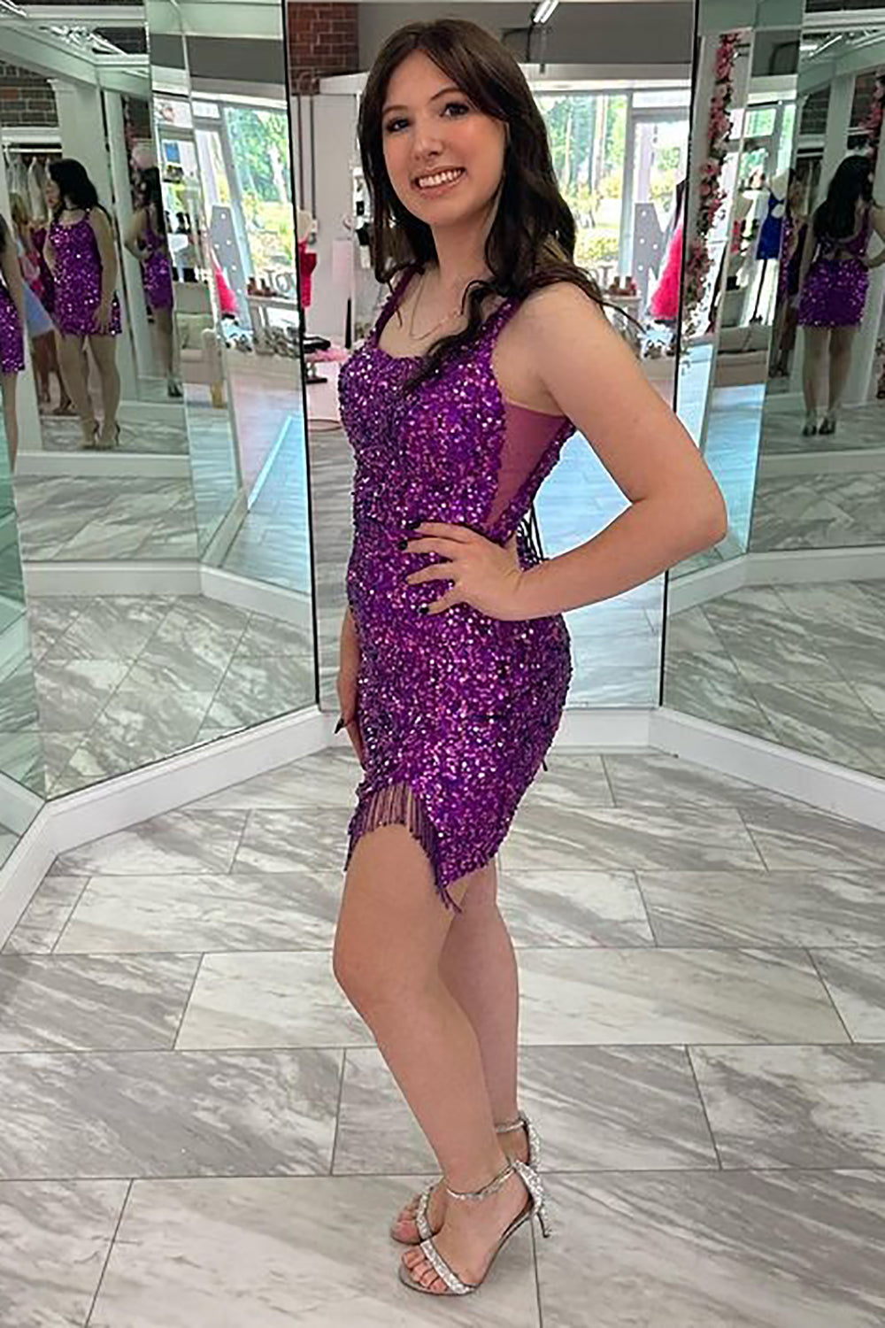 Glitter Sheath Square Neck Purple Sequins Short Homecoming Dress with Tassel