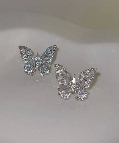 Fine Silk Copper Alloy Zircon Butterfly Stud Earrings