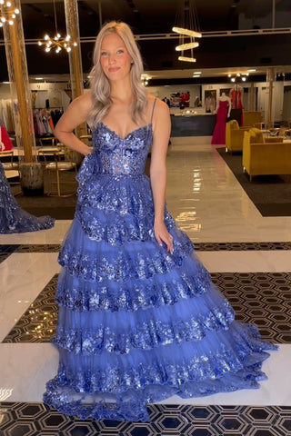 A-Linien-Ballkleid mit Spaghettiträgern und gestufter Spitze
