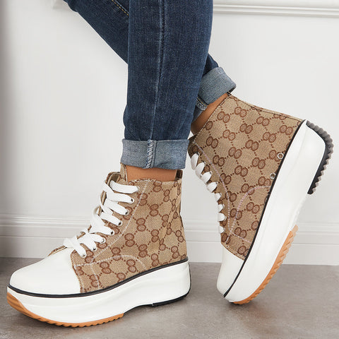 Platform High Top Canvas Sneakers Lace Up Ankle Boots