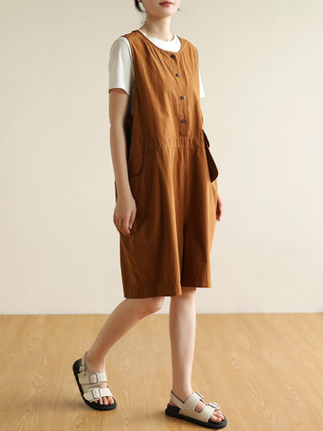 Women Summer Solid Retro Pocket Button Vest Short Jumpsuits