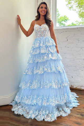 A-Linien-Ballkleid mit Spaghettiträgern und gestufter Spitze
