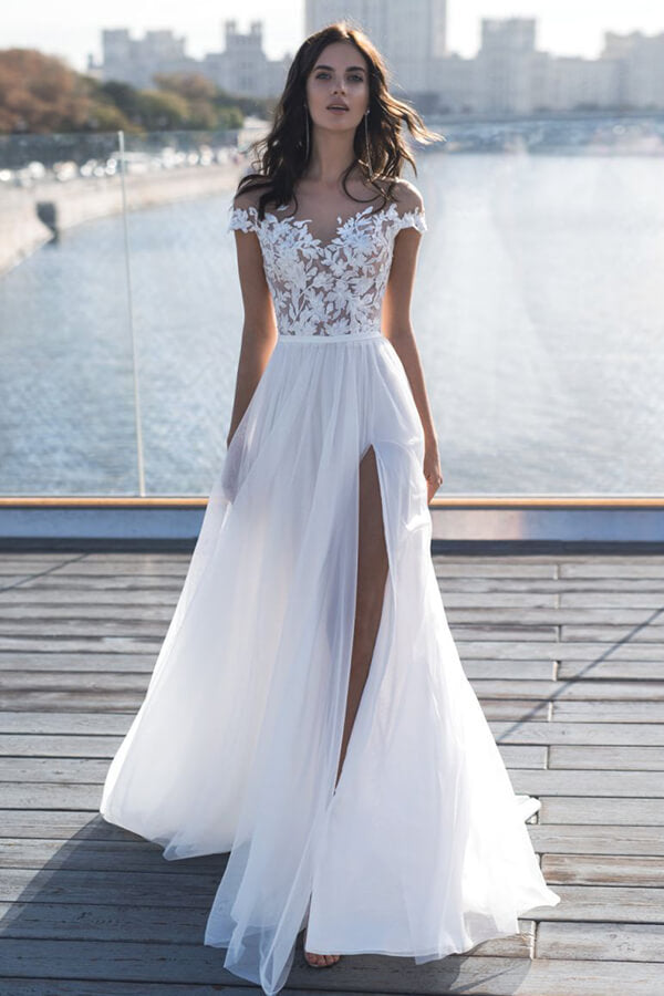Bmbridal Cap Sleeves Appliques Wedding Dress Long With Split