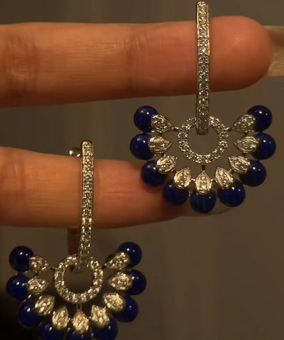 Vogue Navy Copper Zircon Floral Glass Tassel Drop Earrings