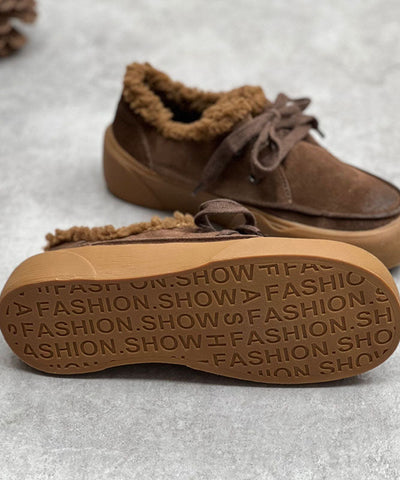 Coffee Flats Lace Up Flat Shoes For Women Fuzzy Wool Lined