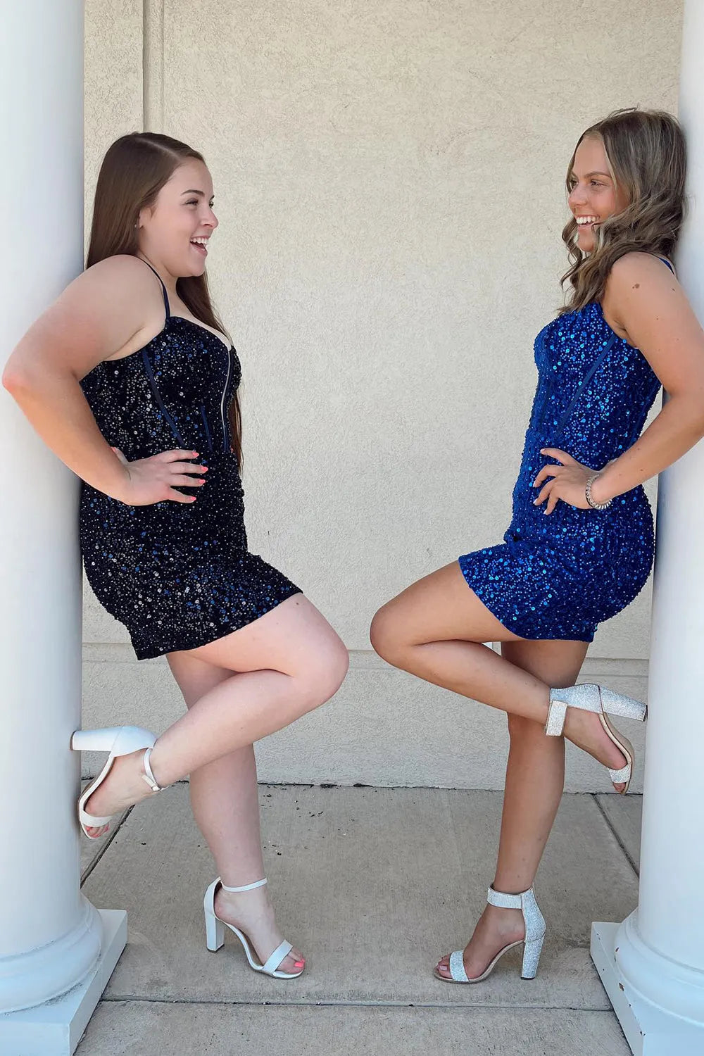 Sparkly Royal Blue Bodycon Spaghetti Straps Sequins Corset Short Homecoming Dress