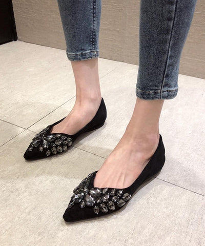 Schwarze flache Schuhe Fashion Splicing Zirkon spitze Zehe