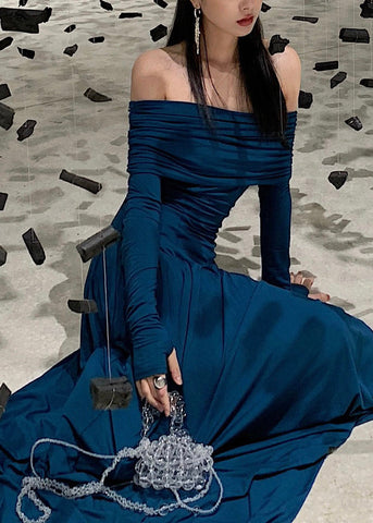 Elegant Blue Cold Shoulder Flattering Maxi Dress Spring
