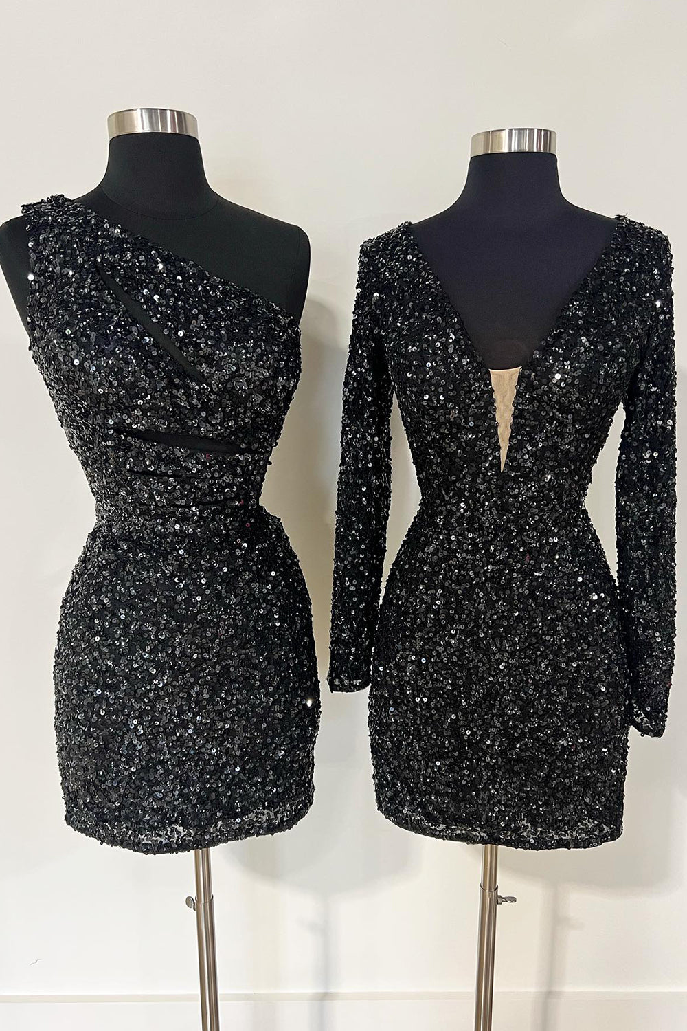 Sparkly Light Purple Sequins V-neck Long Sleeves Bodycon Homecoming Dress 