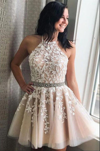 A Line Halter Backless Homecoming Dress