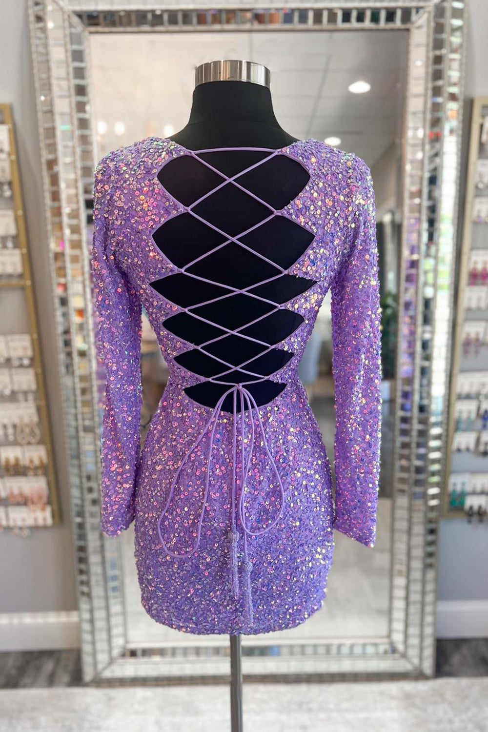 Sparkly Light Purple Sequins V-neck Long Sleeves Bodycon Homecoming Dress 