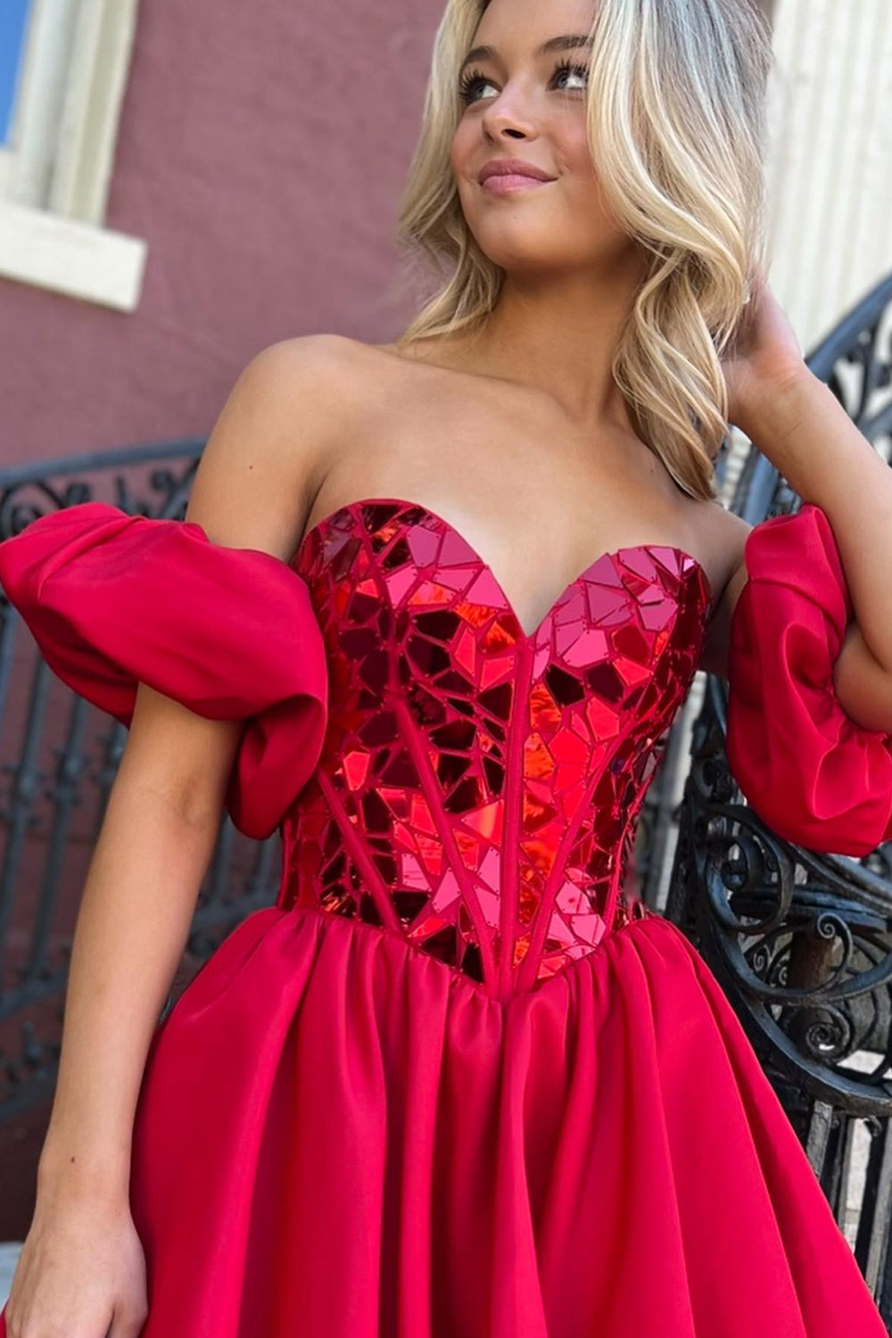 Sparkly Red Satin Strapless A-Line Corset Homecoming Dress with Puff Sleeves