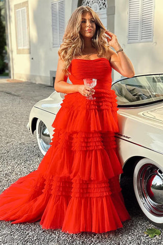 A-Line Strapless Tulle Long Prom Dress with Tiered Ruffles