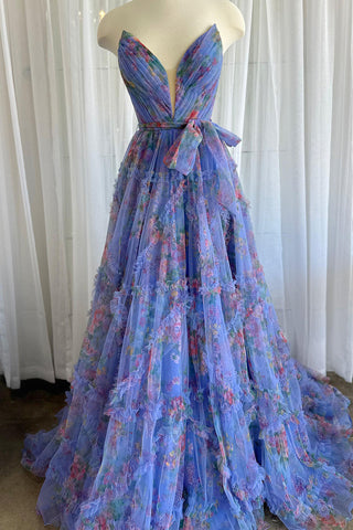 A-Line Sweetheart Floral Printed Tulle Prom Dress with Slit
