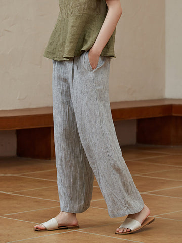 Women Summer Vintage Stripe Thin Loose Wide-leg Linen Pants