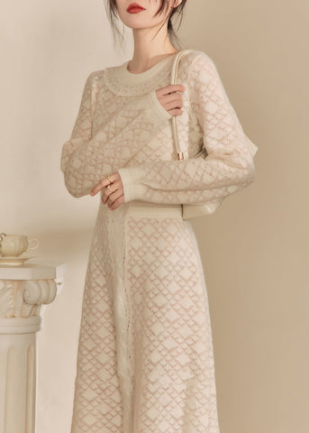 Jacquard Beige O-Ausschnitt Schmeichelnd Gestrickte Baumwollfaden Maxi Kleider Herbst