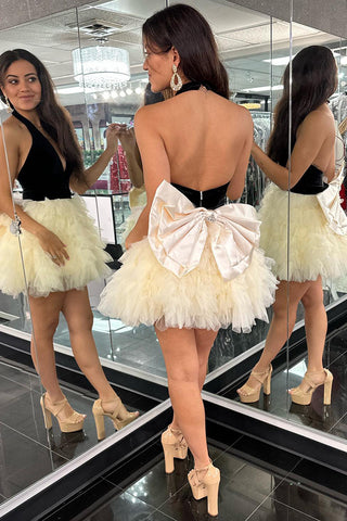 Ivory Tulle A-Line Halter Neck Homecoming Dress with Bow