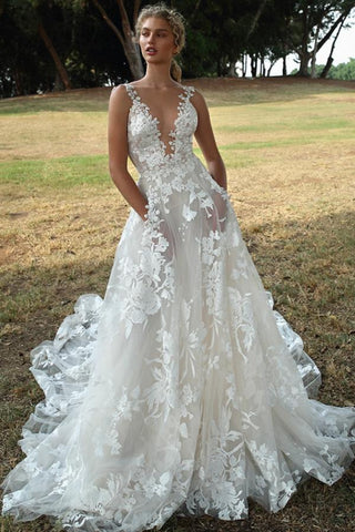 Bmbridal Deep V-Neck Appliques Wedding Dress Sleeveless Online