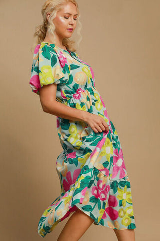 Full Size Tiered Floral Puff Sleeve Midi Dress