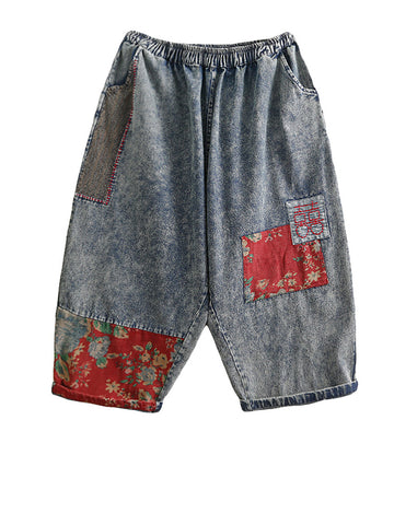 Women Summer Vintage Patch Spliced Worn Denim Pants