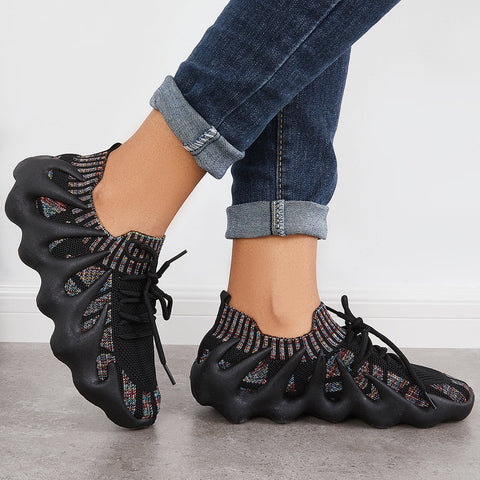 Pink Breathable Lace Up Running Sneakers Knit Athletic Shoes