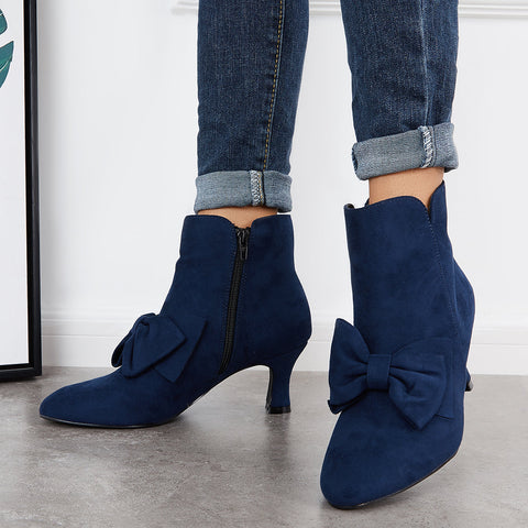 Bowknot Kittten Heel Ankle Boots Side Zipper Dress Short Booties