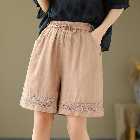 Women Summer Linen Embroidery Hollow Loose Shorts