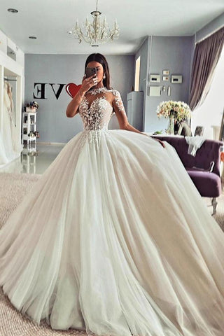 BMbridal Long Sleeves Tulle Wedding Dress Princess With Appliques