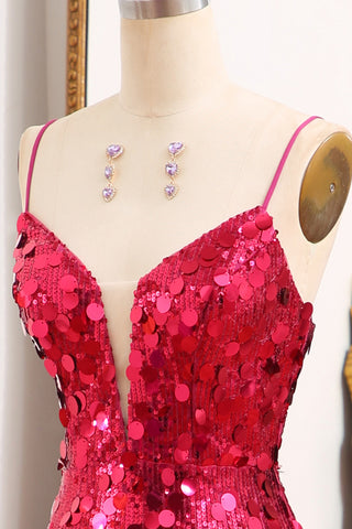 Sparkly Mermaid Spaghetti Straps Fuchsia Sequins Long Prom Dress with Split Front
