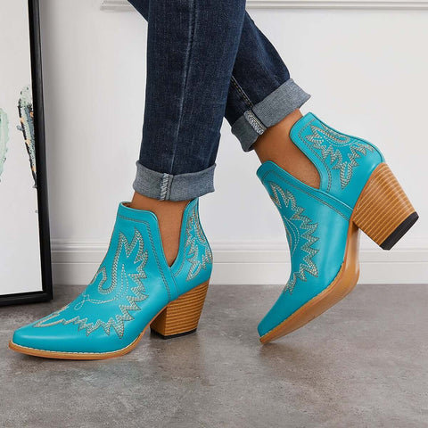 Western Ankle Cowgirl Boots Slip on Cutout Chunky Heel Booties