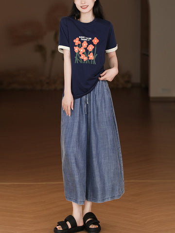 Women Summer Retro Solid Loose Wide-leg Pants