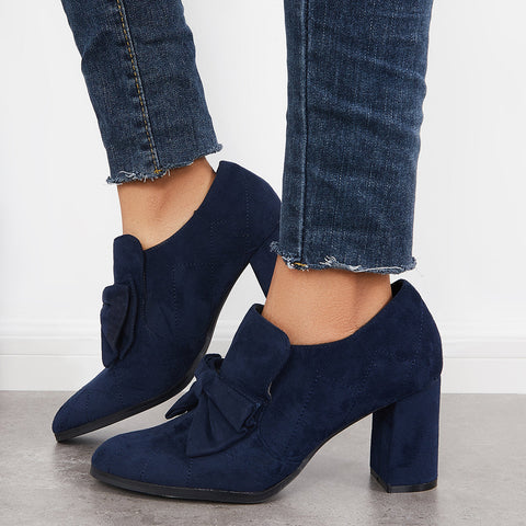 Bowknot Pointed Toe Chunky High Heel Pumps Slip on Dress Shoes
