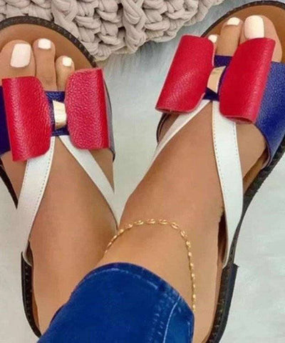 0508Yellow Peep Toe Faux Leather Vintage Splicing Bow Slide Sandals