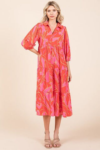 Tiered Collared Neck Vacation Midi Dress