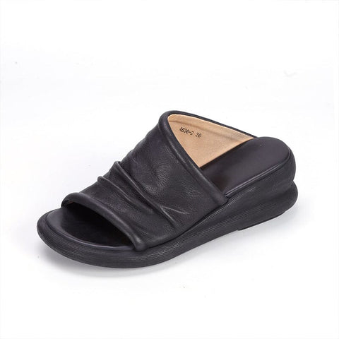 Women Summer Casual Leather Wedge Slides Sandals