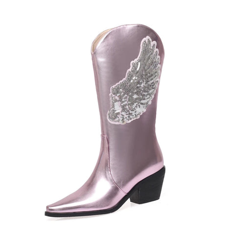 - Plus Size Bling Angel Wings Pattern Sequin Women's Mid Length Boots Pointed Toe Tapered Thick Heels Slip-On Dance Booties Silver