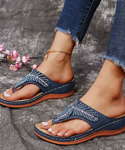0508Red Wedge Faux Leather Soft Splicing Zircon Flip Flops Sandals
