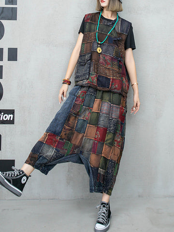 Women Summer Retro Plaid Spliced Pocket Low Crotch Pants