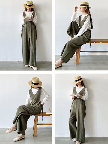 Women Summer Solid Drawstring Pocket V-Neck Linen Jumpsuits