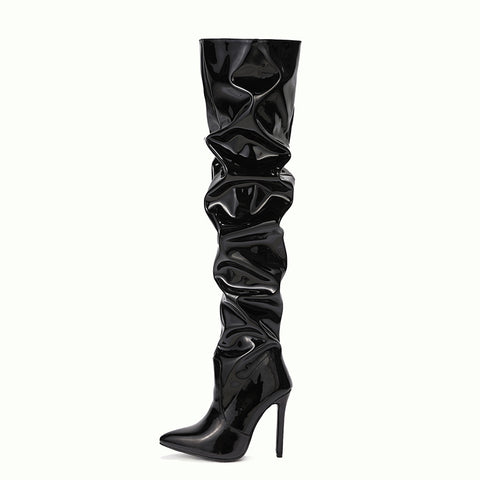 Eilyken High Quality Pleated Patent Leather Motorcycle Over The Knee Boots