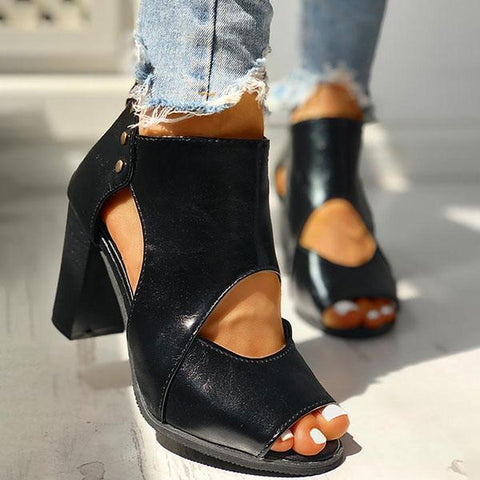 Peep Toe Cut Out Ankle Boots Chunky Block Heel Booties