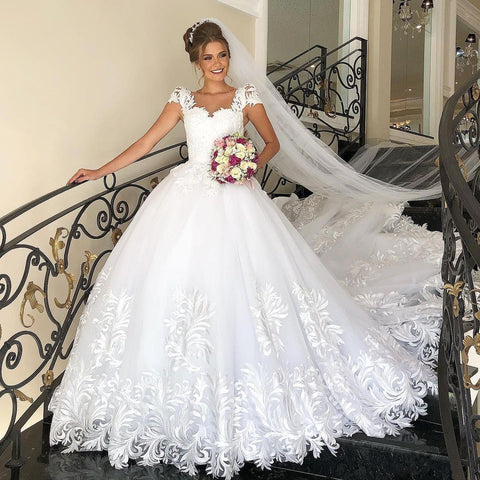 BMbridal Cap Sleeves Lace Applqiues Wedding Dress Ball Gown Princess Bridal Wear