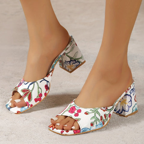 Floral Block Chunky Heel Mules Square Peep Toe Slide Sandals