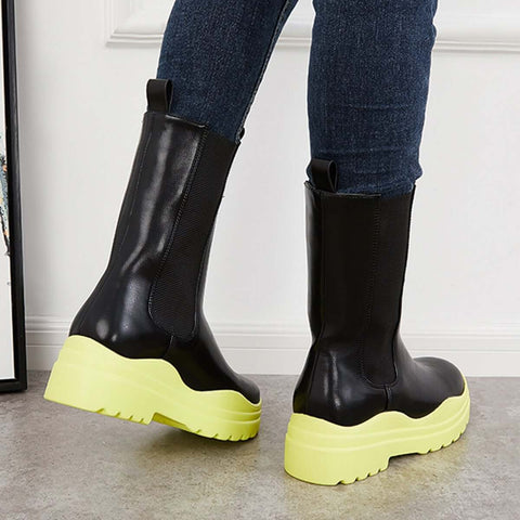 Platform Lug Sole Mid Calf Chelsea Boots Chunky Block Heel Booties