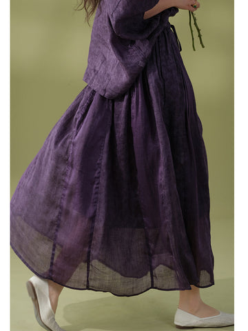 Women Summer Vintage Solid Drawstring Loose Shirt+Skirt