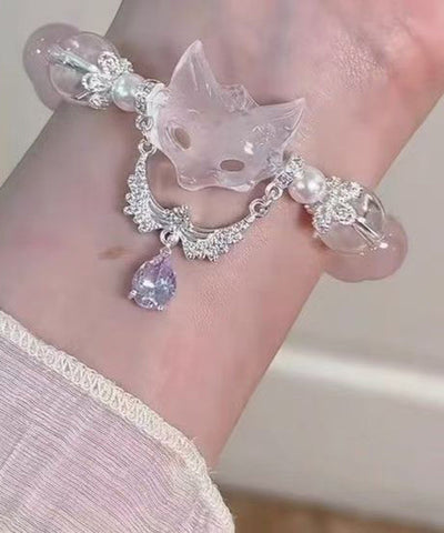 Art Light Pink Alloy Zircon Fox Tassel Charm Bracelet