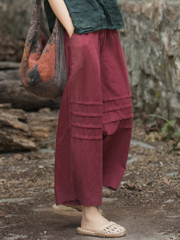 Women Vintage Solid Summer Straight Ramie Pants