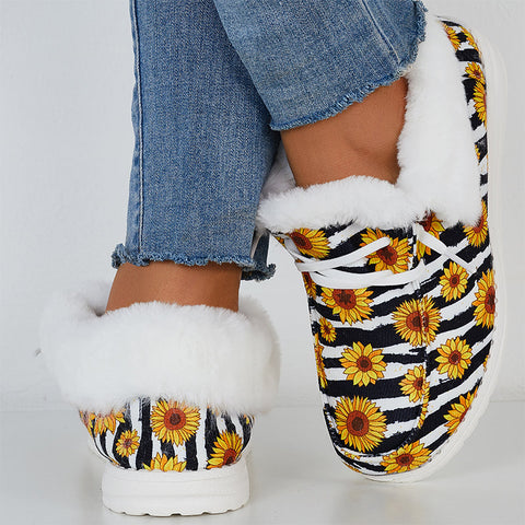 Sunflower Print Warm Flats Fur Lining Ankle Snow Boots