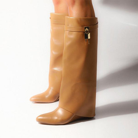 Women Pointed Toe Fold Over Wedge Heel Knee High Boots