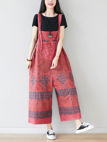 Women Ethnic Print Pocket Button Loose Wide-leg Jumpsuits